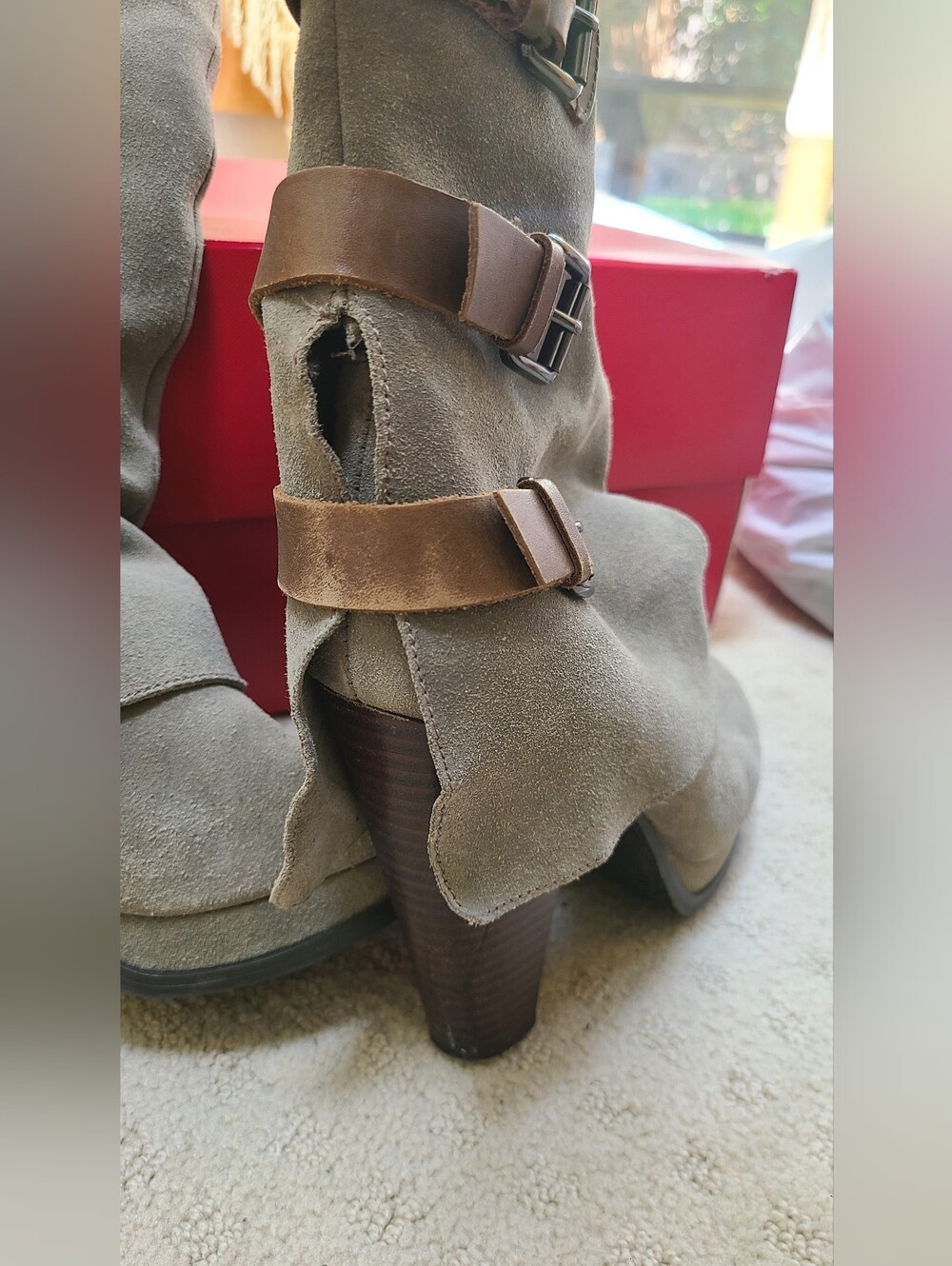 Genuine Suede/Leather Army Green Buckle Boots 7.5 - Picture 6 of 8